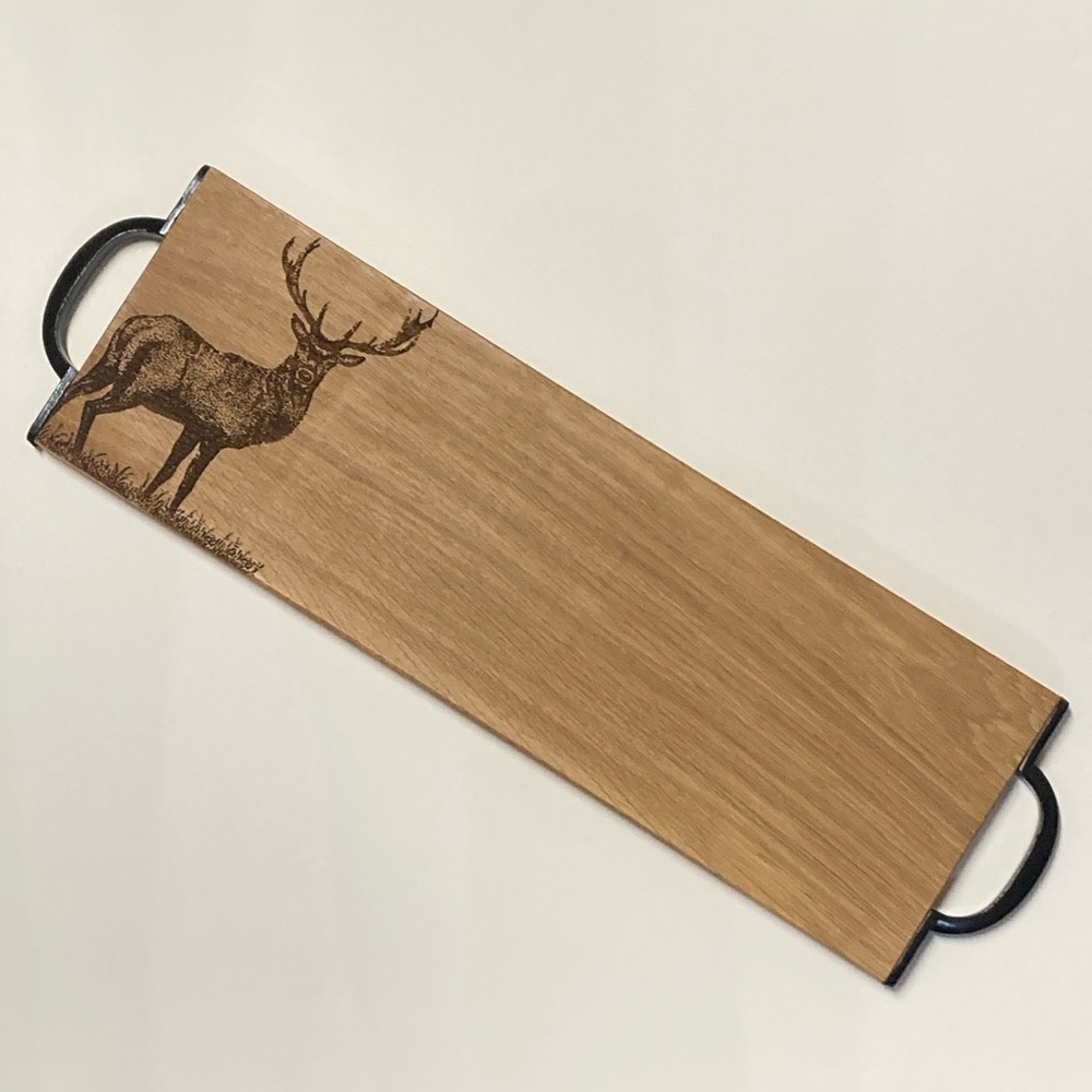 MONARCH STAG OAK SERVING TRAY WITH BURNISHED STEEL HANDLES